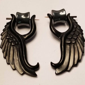 Black Wing Earrings With Hematite Tunnel Plugs